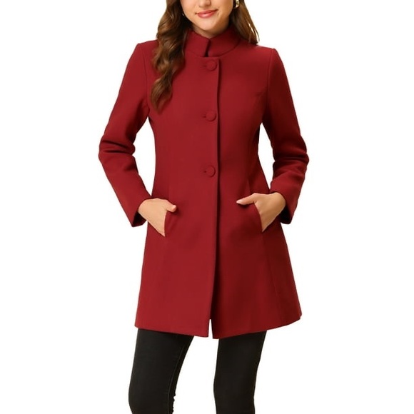 NWT Allegra K Winter Overcoat Mid Length Stand Collar Single Breasted Red S - Picture 1 of 15